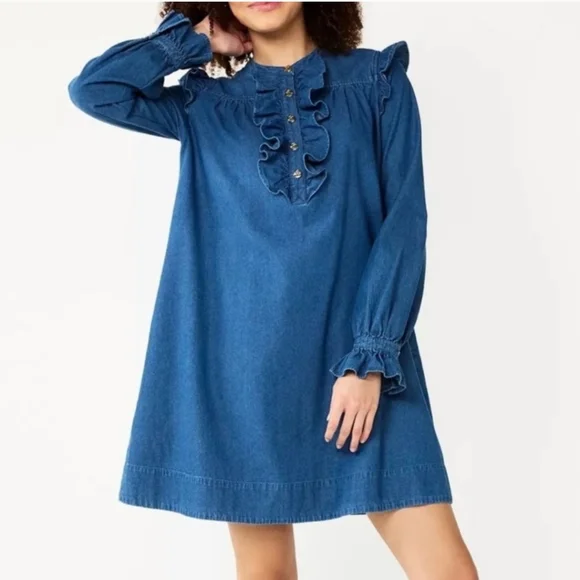 COPY - Draper James RSVP Denim Long Sleeve Ruffled Button Up Mini Dress. Size L - Picture 2 of 10